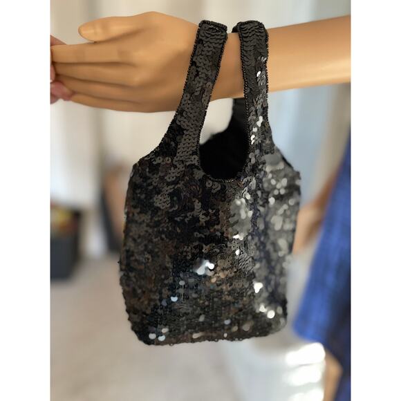 Adorable Black Sequined Mini Hobo Bag - Picture 1 of 7